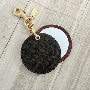 Coach Black Brown Signature Canvas Mirror Bag Charm • Burgundy Leather Accent